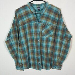 Patagonia Double Weave Woven Womens Sz 8‎ Organic Cotton Plaid Shirt Green Brown